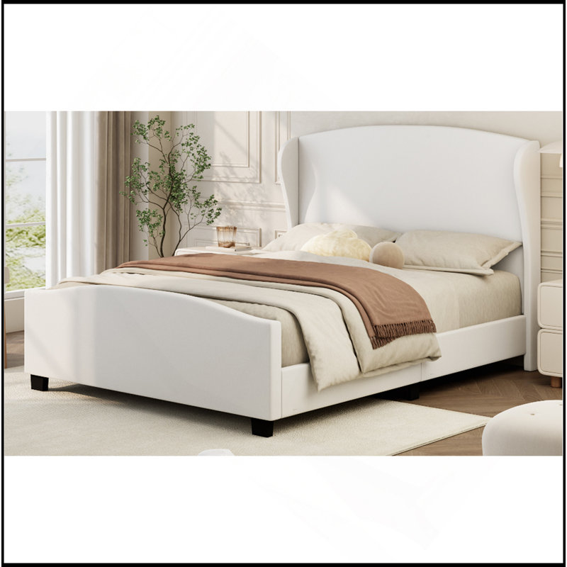 Lit rembourré en lin élégant et confortable avec structure robuste et matériau doux au toucher, Très grand lit, Beige
