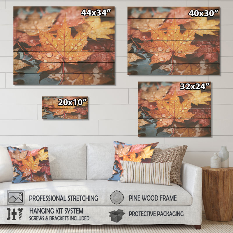Yellow And Orange Autumn Maple Leaves II - Tree Maple On Wood Print, 10" H x 20" W x 0.78" D