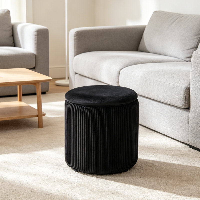 37.5cm Wide Velvet Cylinder Striped Standard Ottoman, Black
