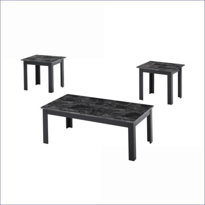 Traditional 3pc Coffee Table Set with Black Faux Marble Top &amp; Wooden Legs, Easy to Assemble for Living Room