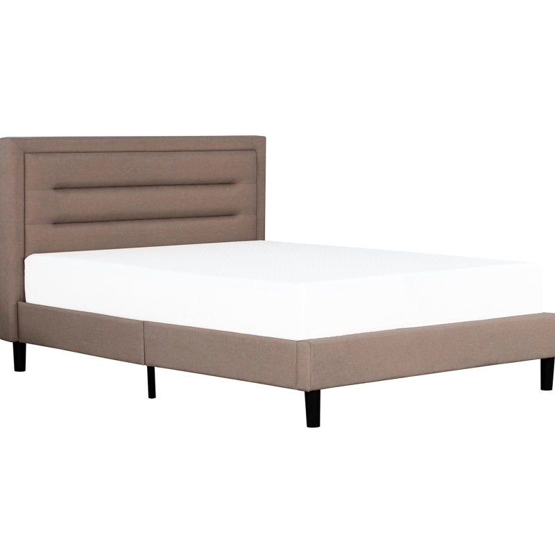 Lit tapissier brun moderne avec tête de lit, pieds et structure en bois à plateforme simple, emballage compact