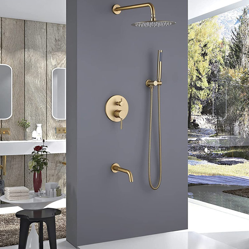 10" Wall Mounted Rainfall Shower System with 360° Rotatable Tub Spout and Handheld Shower, Gold