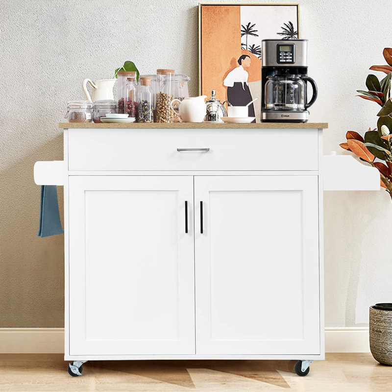 Îlot de cuisine sur roulettes, chariot de rangement à roulettes avec grande armoire, tiroir, support à épices et porte-serviettes, utilitaire de service de cuisine, tablette réglable à 3 positions (blanc)