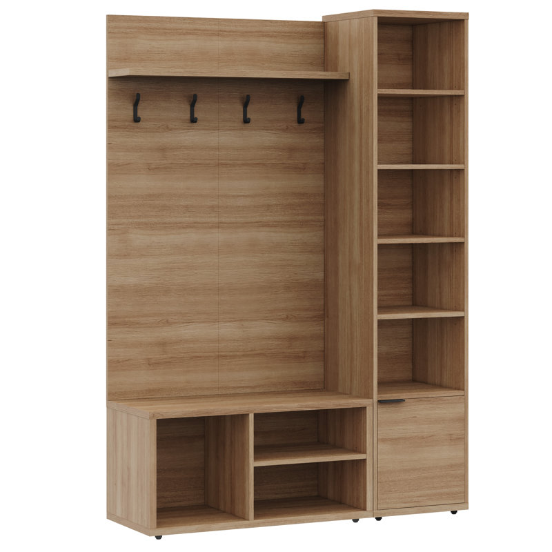 Porto Entryway Wall-Mounted Coat Rack with Shelf with Storage Tower and Shoe Storage Bench, Brown