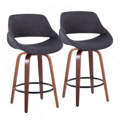 Fabrico 26" Mid-Century Modern Fixed-Height Counter Stool In Walnut Wood And Charcoal Fabric With Round Black Metal Footrest By Lumisource - Set Of 2
