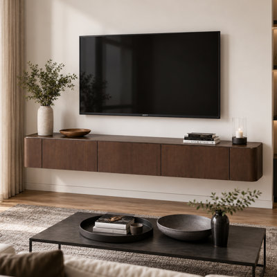 Meuble télé suspendu de 70,9 pouces, console multimédia murale avec portes d'armoire rabattables, centre de divertissement suspendu moderne et minimaliste en placage de bois avec passe-câbles pour téléviseurs jusqu'à 75 pouces.