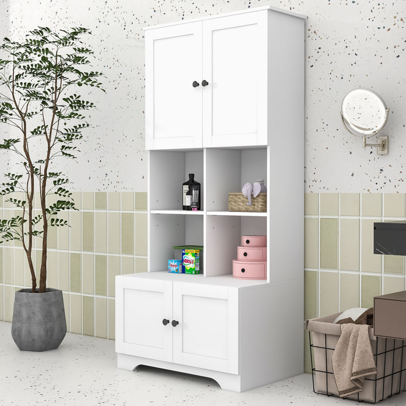 Keavin Wood Freestanding Bathroom Storage Cabinet with Adjustable Shelves and Multi-Layer Open Shelves, White