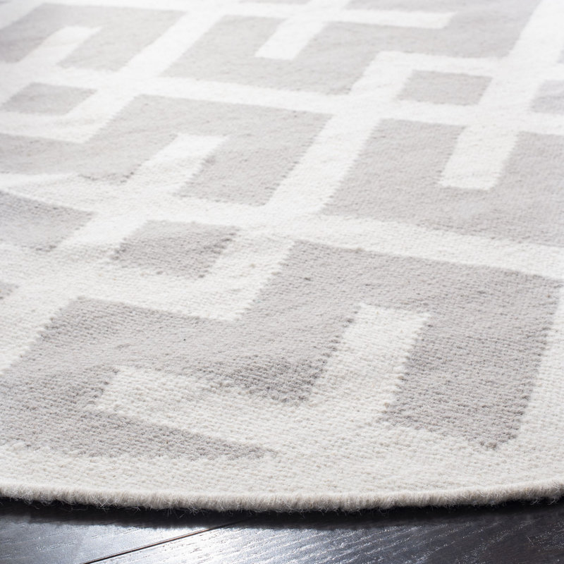 Rodgers Hand Woven Flat Weave Wool/Cotton Geometric Rug in Ivory/Gray, Round 6'