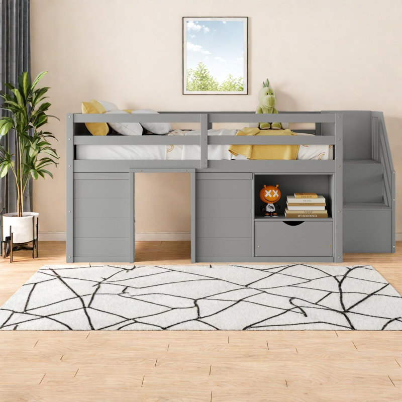 Lit de rangement en mezzanine en bois, cadre gris moderne pour chambre d'enfant