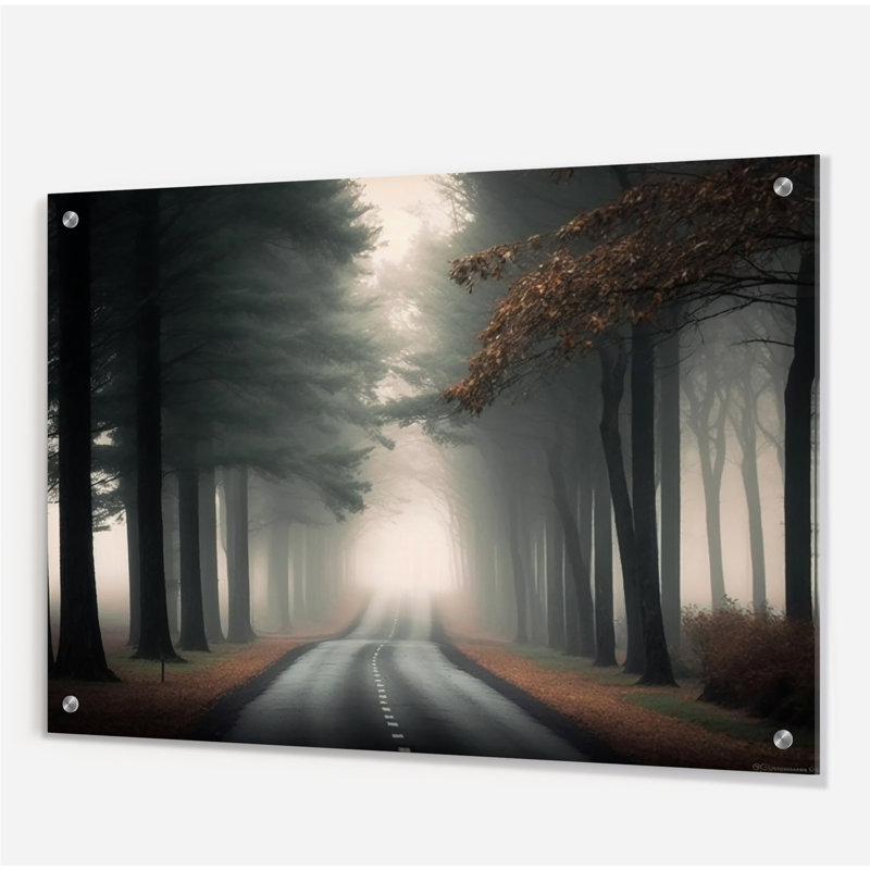 «Misty Road Through The Forest I», art mural forêt acrylique, H 12 po x l 20 po