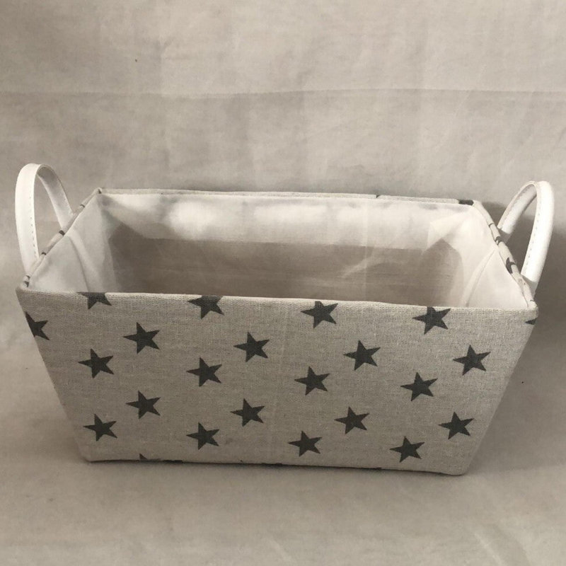 White With Gray Stars Handled Basket, 5.1" H x 13" W x 8.75" D