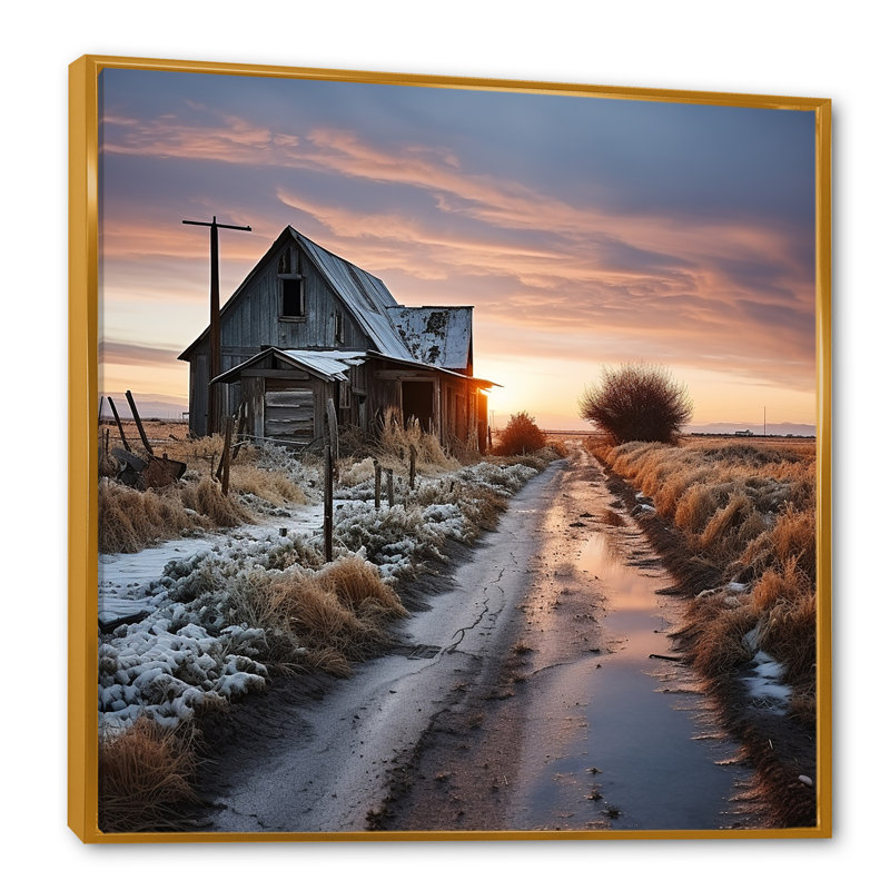 Barns Winter Scenery sur toile, Cadre flottant doré, H 30 po x l 30 po x P 1 po