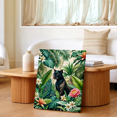 «Black Panther Jungle Tropical Leaves Flowers», impression sur toile botanique sur toile, œuvre d'art botanique noire pour le salon, bureau de chambre à coucher, couloir, décoration murale
