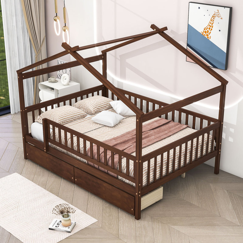 Heulwen Two Drawers Wooden House Bed, Full, Walnut