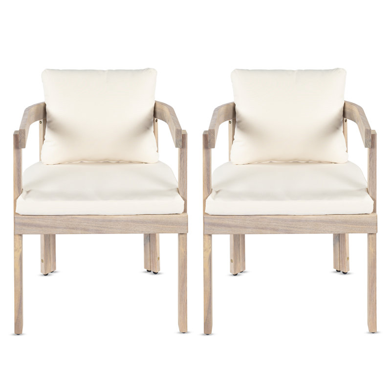 Ensemble de 2 chaises de salle à manger en bois d'acacia, fauteuils avec coussins crème, fauteuil d'appoint en tonneau, ensemble de chaises d'appoint de cuisine confortables pour balcon, cour, jardin