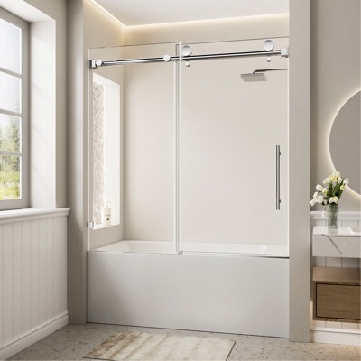 56"-60"W x 60"H Frameless Single Sliding Shower Door, Chrome Bathtub Door, 5/16" (8mm) Clear Tempered Glass With Explosion-proof Film, Stainless Steel Handle