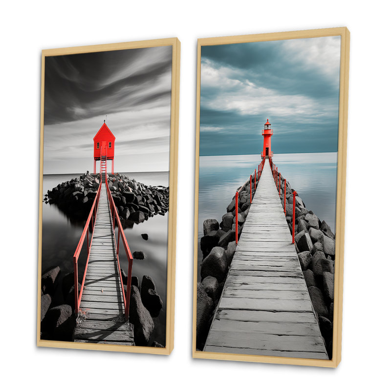 «Coastal Pier Reflections», 2 pièces sur toile, Encadrement brun, H 40 po x l 40 po