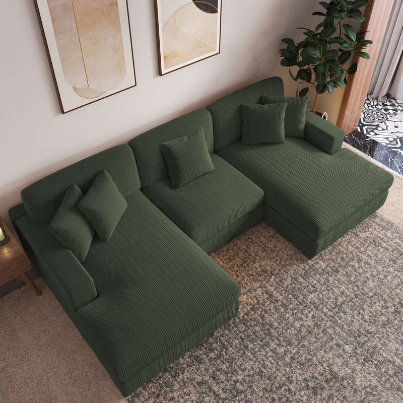 3-Piece Corduroy Modular Sectional with Loose Back, Green Corduroy 