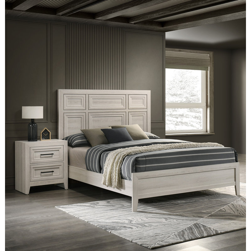 Contemporary Wooden Two-Drawer Nightstand With Geometric Design In Off-White Finish