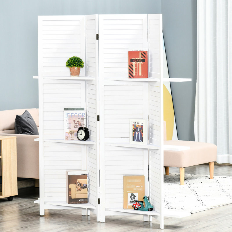 Paravent blanc, 4 panneaux de 67 po de hauteur avec 3 tablettes de présentation et pliable pour les tablettes de bureau / chambre à coucher