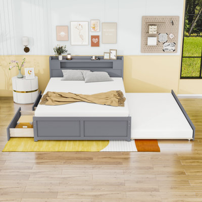 Grand lit plateforme en bois 2 tiroirs avec tête de lit à DEL et lit gigogne simple