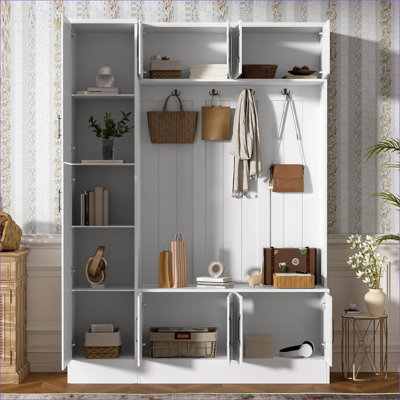  Grand portemanteau 4 en 1 blanc perle avec rangement pour chaussures, banc d'entrée, 6 armoires, 4 crochets à manteau et tablette réglable pour le vestibule