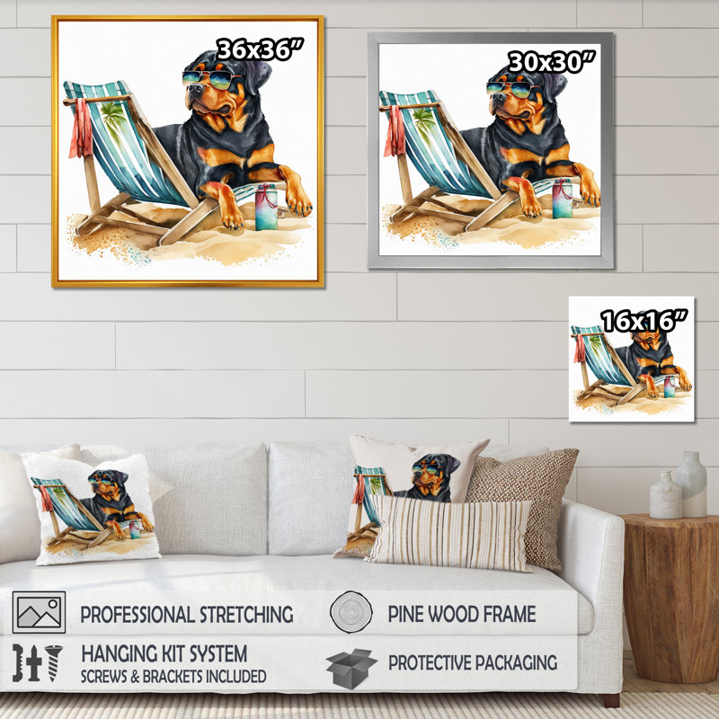 «Dog on Chair at the Beach V», reproduction sur toile, L 16 po x H 16 po, Toile avec cadre flottant or