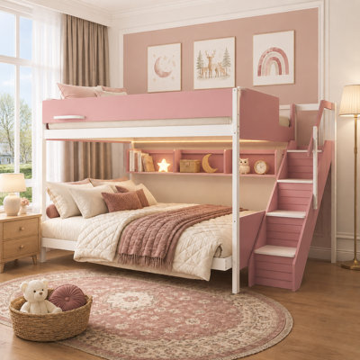 Lit superposé avec escalier rayé et tablettes de rangement intégrées avec éclairage à DEL intégré