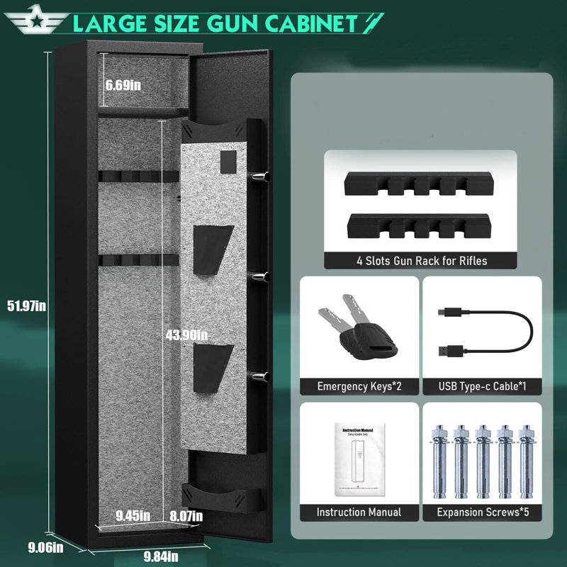 [2024 New] 2-3 Gun Safe, Digital Keypad Large Long Gun Safe For Shotguns, Quick Access Gun Cabinets With Led Light, Gun Safe With Adjustable Gun Rack And Removable Shelf