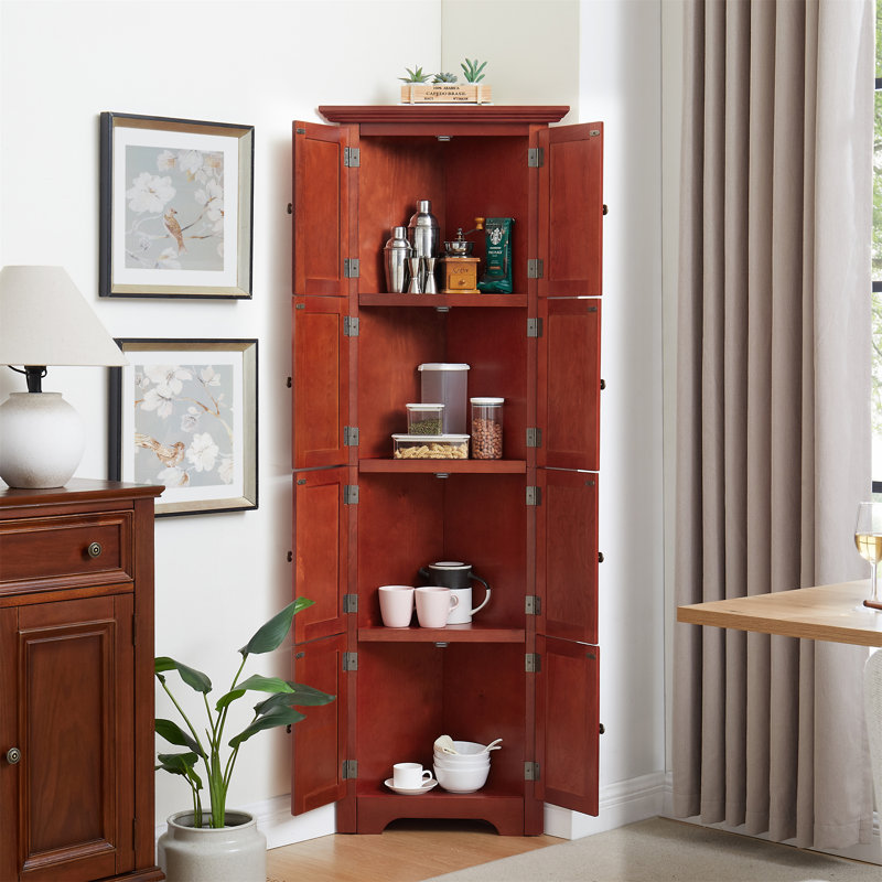 4-Tier 72" Corner Kitchen Pantry Storage Cabinet With 8 Doors Tall Storage Cabinet, Cherry
