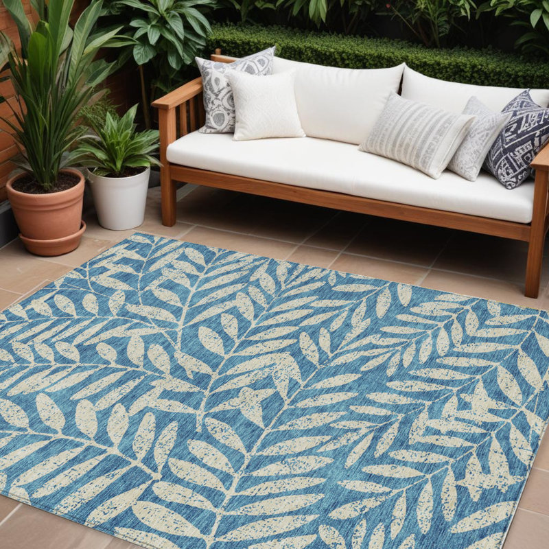 Tapis extérieur lavable floral bleu sarcelle et ivoire 10 pi x 14 pi