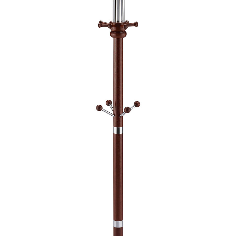 73 Inch Tall Chrome And Wood Coat Rack With Cherry Finish, Durable And Stylish For Home And Office Use, Cherry