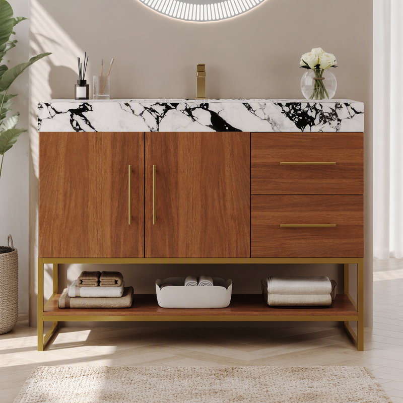 Meuble-lavabo autoportant moderne 36 po avec lavabo en céramique sans soudure et plateau en pierre frittée, Walnut