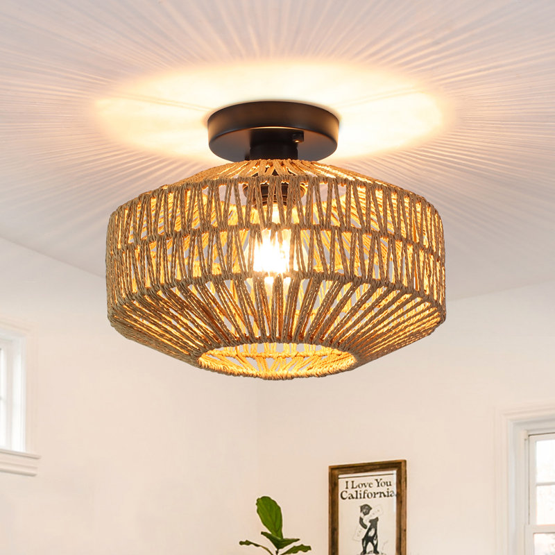 Zendaya   1- Light 11.81" Bohemian Dimmable Hand-woven Paper Rattan Lampshade Semi Flush Mount Ceiling Light for Hallways Storage Rooms Walk-in Closets