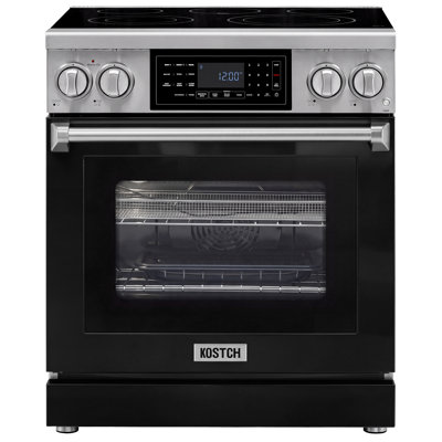 Cuisinière électrique professionnelle de 30 po avec panneau de commande inclinable Kostch, plaque de cuisson à 5 éléments, four à convection véritable de 4,8 pieds cubes, friture à air et autonettoyante en noir