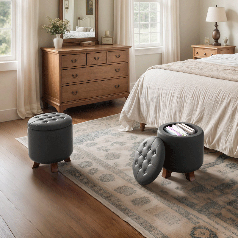 Storage Ottoman With Padded Seat, Modern PU Leather Footrest, Round Stool For Living Room Bedroom, Black