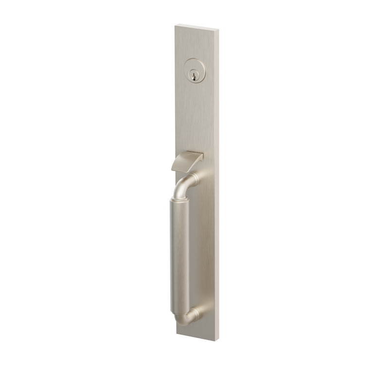 Poignée factice Emtek SELECT, à mortaiser pleine longueur, tige extérieure en forme de R, poignée lisse ; levier intérieur Hermès, nickel satiné, pour gaucher