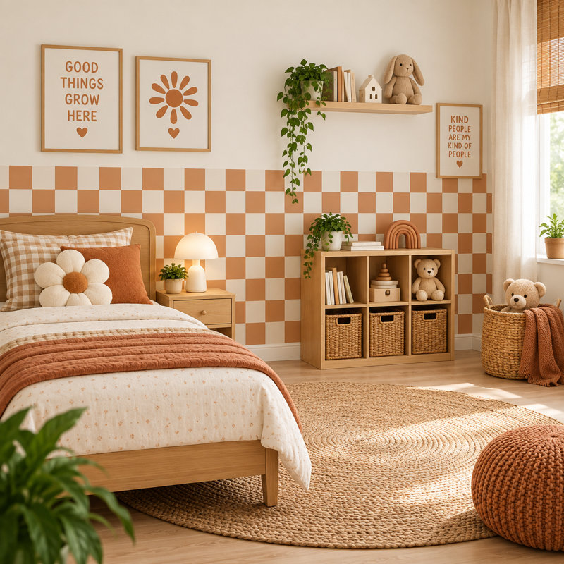 Adhésif décoratif demi-damier en terre cuite de 172 pouces de large et crème de 48 pouces de hauteur, L 172 po x H 48 po