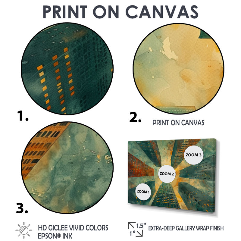 Vert, rouge, urbain, rétro, gratte-ciel I - gratte-ciel, art mural, salon, Toile tendue, H 28 po x l 60 po x P 1,5 po