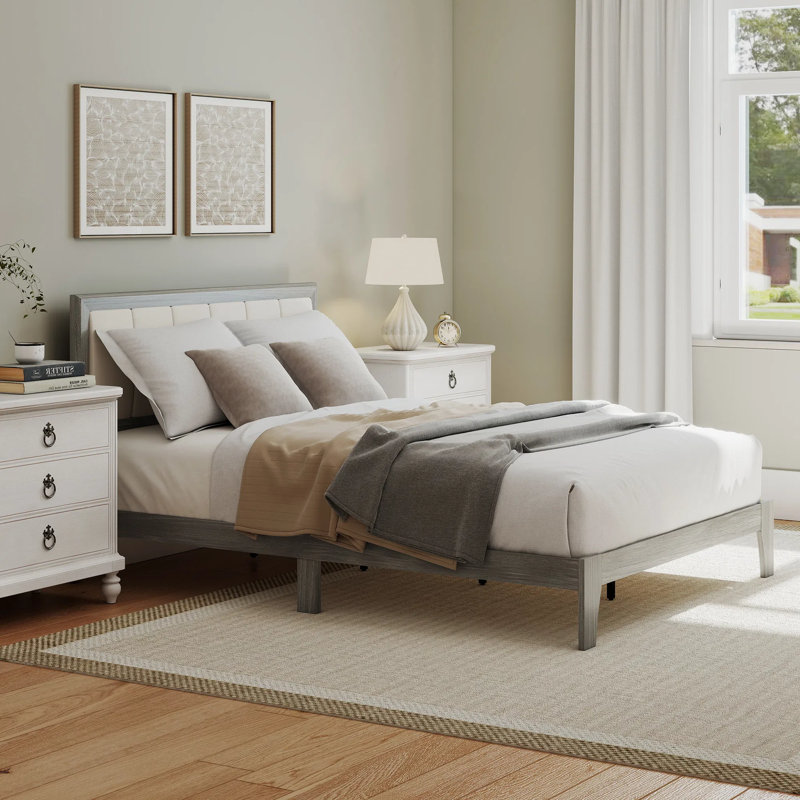 Structure de lit double avec tête de lit, lit plateforme double avec lattes en bois, aucun sommier requis, assemblage facile, finition gris moderne Mid-Century