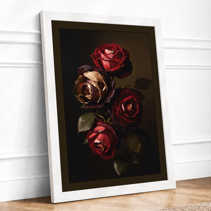 Four Crimson Roses Botanical - Framed Print, A4 - 29.7 x 21.0 cm, White