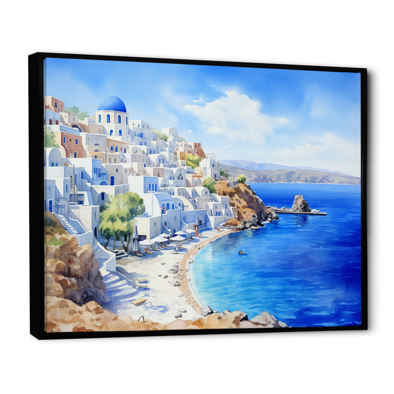 Santorini, Grèce, sérénité - Grèce, art mural, H 34 po x l 44 po x P 1,5 po, Cadre flottant noir