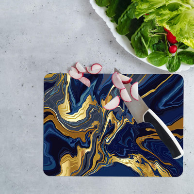 Blue and Gold Abstract Pattern Glass Art Print Featuring Alcohol Ink Design on a Tempered Glass-Like Background Ideal for Modern Home Decor
