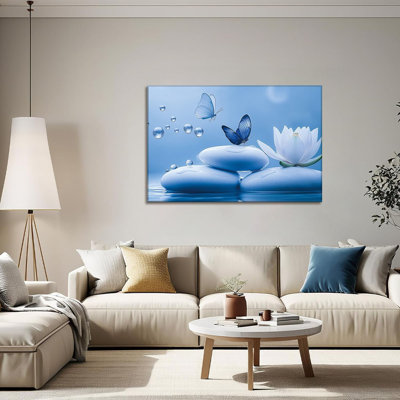 Zen Canvas Wall Art Bathroom Decor Bloom Flower Prints Butterfly On Stone Picture Meditation Artwork For Living Room Office Yoga Spa Spiritual Room Decor Framed(12.00X18.00 Inch)