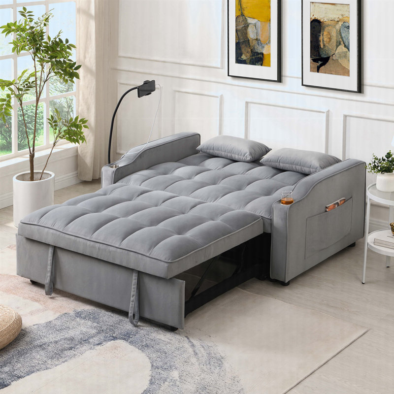 Canapé-lit en velours avec futon et causeuse, Gris clair