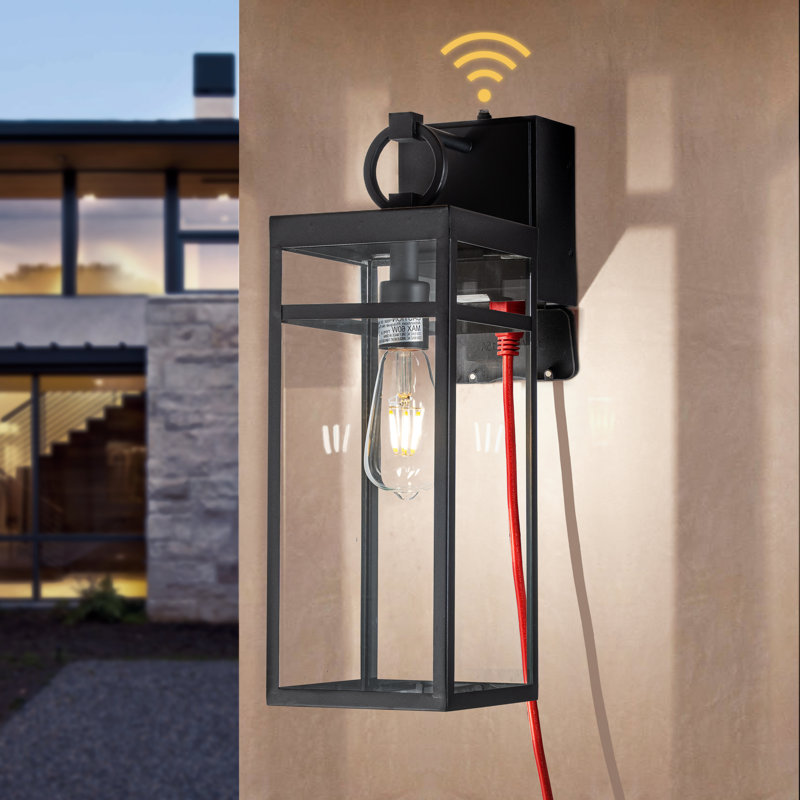 1 Light Black Dusk to Dawn Sensor Outdoor Wall Lantern Coach Sconces Light with Clear Glass and Built-in GFCI Outlets