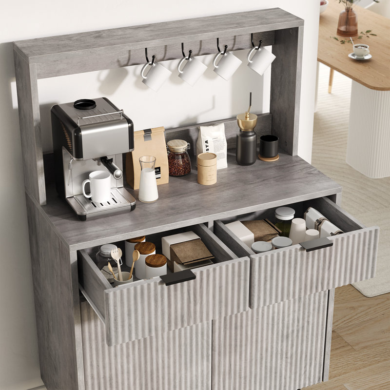 Fluted Sideboard Buffet Cabinet with Storage, Modern Coffee Bar Cabinet with Adjustable Shelves & 2 Drawers, Wood Buffet Console Table for Kitchen Dining Living Room Entryway Hallway, Grey