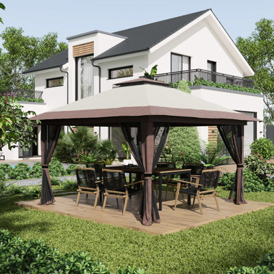 13' X Pop Up Gazebo, Instant Canopy Tent With 2 Roof. Uv50+ Protection Barrier, Beige For Outdoor Pleasure. Comes Wheeled Carry Bag & Water/sand Bags Roof And Netting