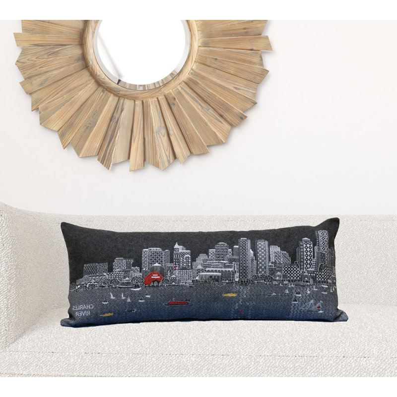  Coussin Boston Nighttime Skyline, gris, 14 po x 35 po