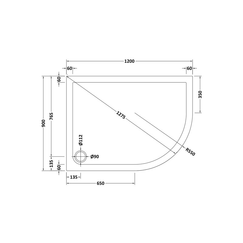 Slip Resistant Offset Quadrant Shower Tray RH 900 X 760Mm, 4cm H x 90cm W x 120cm D